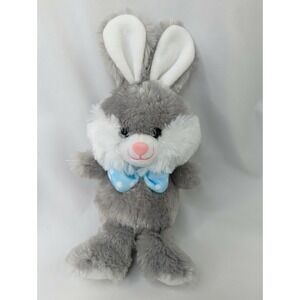 HugFun Gray Rabbit Plush 11 Inch Blue Polka Dot Bow Stuffed Animal Toy